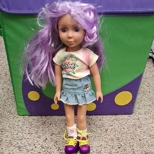 Stylish Doll with Purple Hair and Denim Skirt